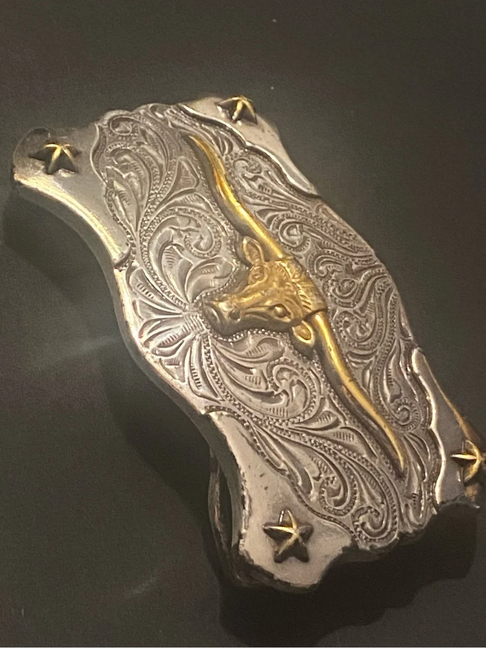 Vintage Western Style Longhorn Steer Belt Buckle Two-Tone Silver & Gold Draign